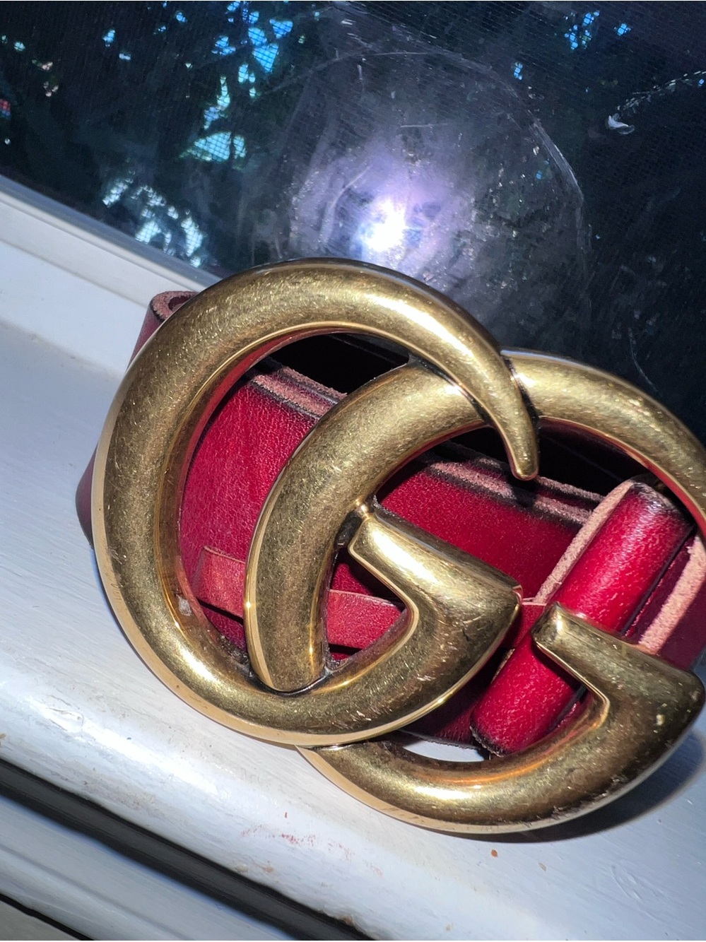 Authentic Gucci Men’s GG Marmont Wide Leather Belt Red Gold 90/36 406831